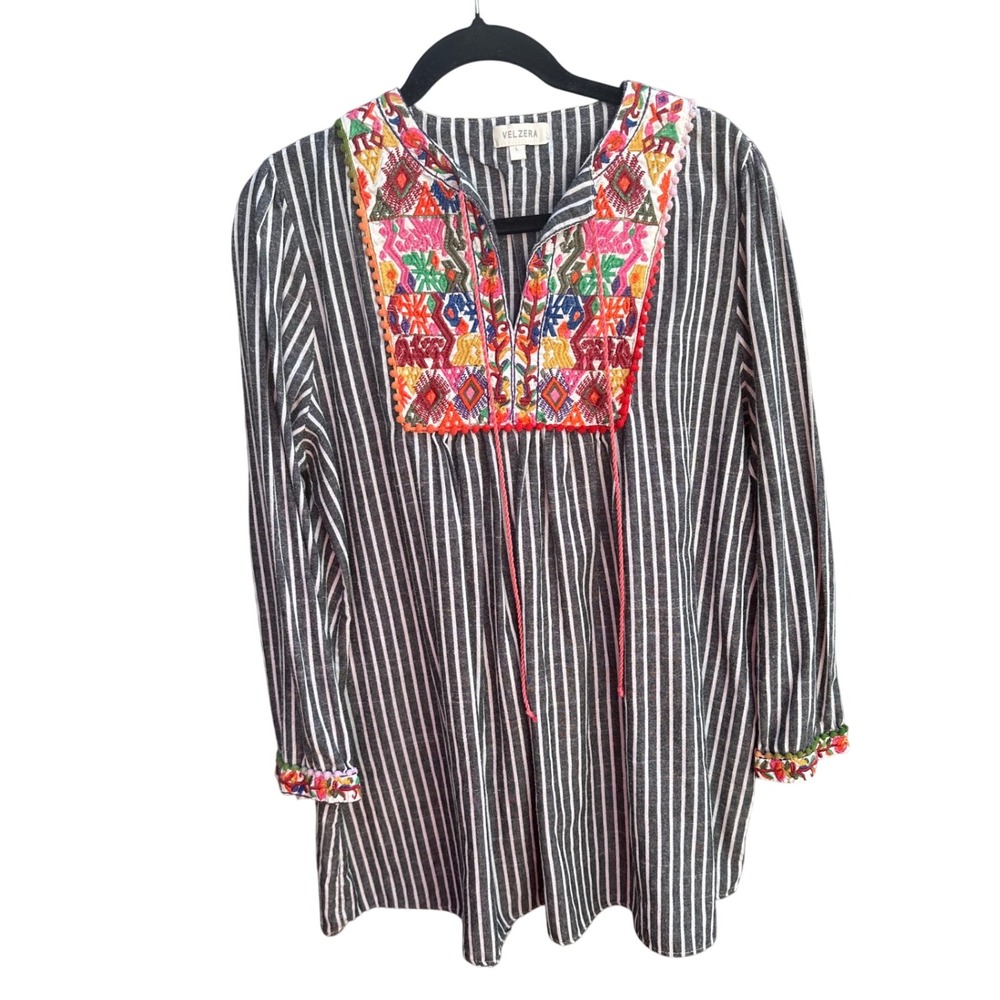 Velzera Womens Embroidered Striped Cotton Tunic Top Charcoal White Large